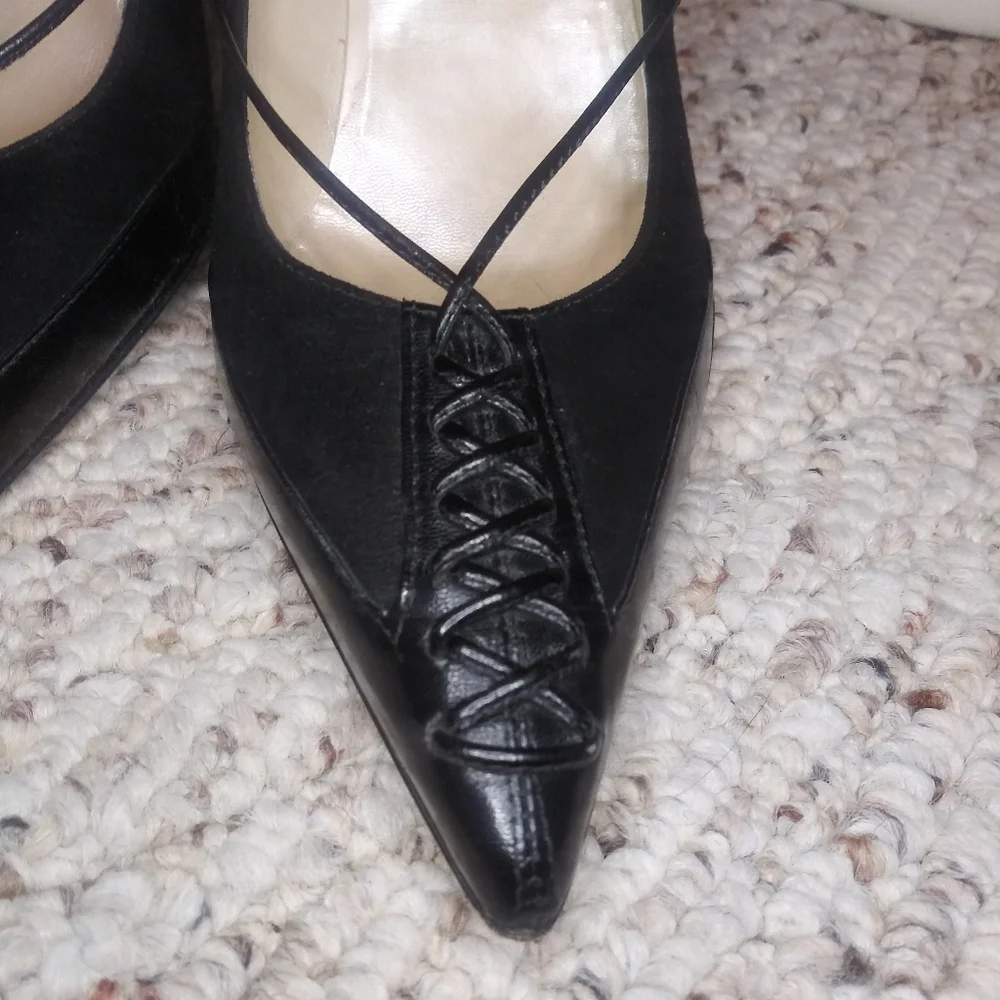 Vintage Christian Dior Sexy Black Corset Lacing Pointed Toe Suede, Leather Pumps - Picture 3 of 8